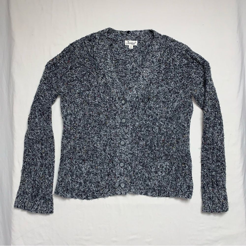 Vintage Gray Marbled Flecked Cozy Cardigan Sweater Womens Small 6 Grandpa Granny